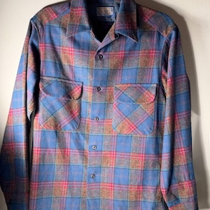 Vintage Pendleton Board Shirt Mens Small Loop Collar Wool Flannel Plaid Made in USA Red Blue