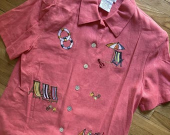 VTG 90s Pink Beach Grannycore Embroidered  Button Up Blouse Linen 8 Boats