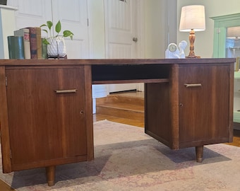 Mid-Century Modern Wood Desk / Credenza with original Brass Hardware
