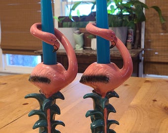 Pink Flamingo Ceramic Candlestick Holders by Sarsaparilla, Retro Deco