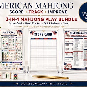 Pacchetto stampabile di schede segnapunti, contamani e foglio di riferimento rapido per il Mahjong americano.