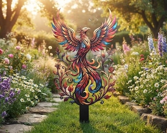 Phönix-Gartenstecker aus Metall, farbenfrohe Feuervogel-Gartendekoration, mythischer Vogel als Gartendeko, fantasievolles Gartengeschenk, Rasenstecker aus Metall