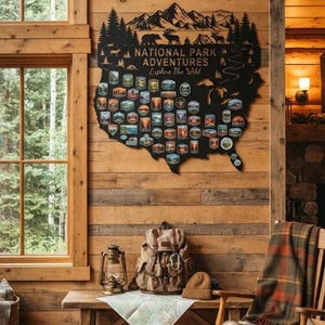 Decorazione murale in metallo a tema avventura nei parchi nazionali, mappa degli Stati Uniti, espositore per badge dei parchi, regalo per escursionisti, decorazione per baita a tema avventura
