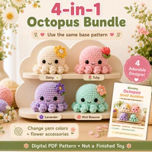 May include: A 4-in-1 octopus bundle digital PDF pattern featuring four crocheted plushies: a cream daisy octopus, a pink tulip octopus, a lavender purple flower octopus, and a mint blossom octopus, all displayed on a cloud-shaped shelf.