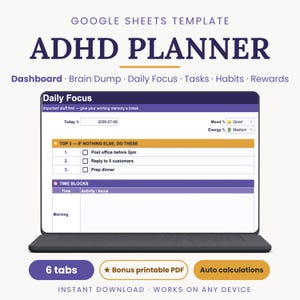 ADHD Planner Google Sheets Template | Task Planner, Brain Dump & Habit Tracker | Printable PDF