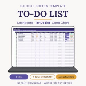 Op de afbeelding: Een Google Sheets-sjabloon voor een takenlijst weergegeven op een laptopscherm. De interface bevat kolommen voor taak, categorie, prioriteit, complexiteit, gedelegeerde, startdatum, vervaldatum, resterende dagen, voortgang en status.