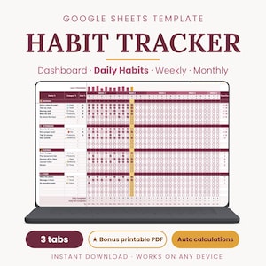 Habit tracker | 30 day challenge | monthly habit planner | printable PDF | google sheets template