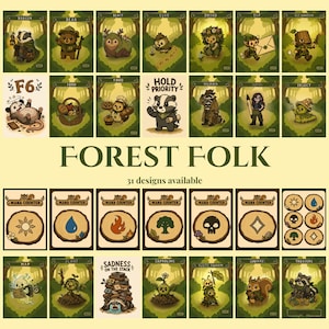 May include: A collection of Forest Folk trading cards featuring various woodland creatures and mana counters. The cards display illustrations of badgers, bears, and other forest beings, with text including F6, Hold Priority, and Sadness on the Stack.