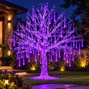 May include: An artificial tree illuminated with bright purple LED lights, featuring numerous hanging light tubes that mimic falling rain. The tree has a dense, glowing trunk and branches covered in small, vibrant purple lights against a dark night.