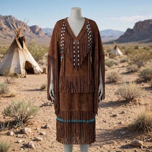 May include: A brown suede dress featuring long fringe detailing along the sleeves, chest, and hemline. The garment is accented with vertical rows of white, black, and turquoise beads on the chest and a horizontal band of beads near the bottom hem.