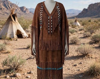 Women's Brown Fringe Dress | Brown Native Dress | Buckskin Dress Brown | Beaded Suede Fringe Dress | Native American Style Regalia Dress