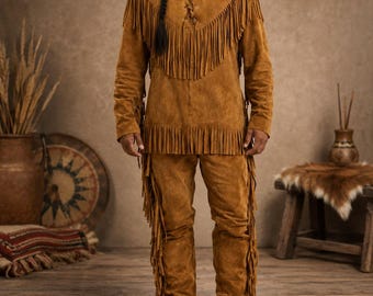 Men’s Suede Western Fringe Outfit, Leather Cowboy Shirt & Pants Set, Handmade Fringed Buckskin Clothing, Gift For Him