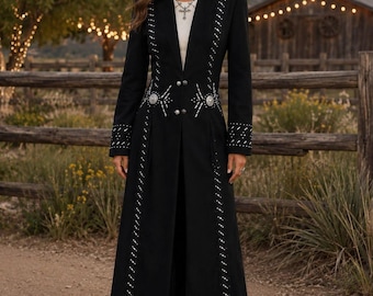 Women’s Black Western Long Coat, Cowgirl Duster, Rodeo Stage Jacket, Western Wear Custom Made Coat