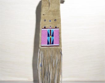 Native American Style Beaded Suede Tobacco Bag | Plains Style Fringed Leather Pouch | Geometric Beadwork Pipe Bag Decor