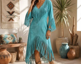 Women Turquoise Suede Fringe Dress | Boho Western High Low Dress | V-Neck Cowgirl Festival Dress with Fringe Sleeves