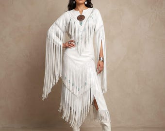 Women's White Fringe Dress, Western Leather Dress, Native Inspired Beaded Dress, Bohemian Fringe Outfit, Cowgirl Fashion, Custom Made
