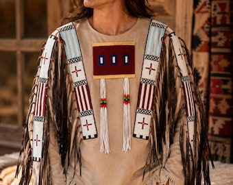 Handcrafted Men's Beaded Suede War Shirt, Traditional Native Style Fringe Pullover, Custom Buckskin Regalia Shirt