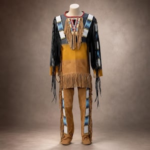 May include: A tan and black suede outfit consisting of a long-sleeved tunic and matching trousers. The tunic features a chest bib with geometric beadwork, long black fringe on the sleeves, and tan fringe at the hem. Trousers include beaded side panels.