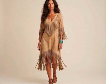 Women's Buckskin Fringe Dress | Native Inspired Fringe Dress | Western Suede Dress Fringe | Tribal Dress Women | Boho Western Dress