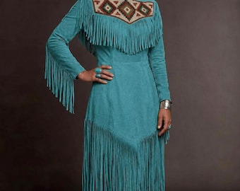 Women Turquoise Blue Suede Fringe Dress, Western Leather Dress, Native American Style Dress, Cowgirl Fringe Dress