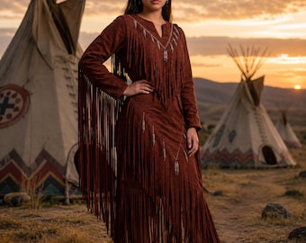 Women Brown Suede Powwow Fringe Dress | Native Inspired Dress | Traditional Vintage Style Western Wedding Dress