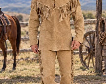 Men's Buckskin Fringe Shirt | Men Buckskin Pants Fringe | Native American Style Buckskin Suit | Suede Leather Set