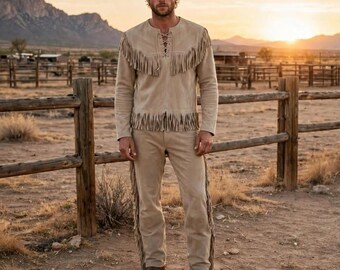 Men's Beige Buckskin Fringe Shirt | Men Buckskin Pants Fringe | Native American Style Buckskin Suit | Suede Leather Set