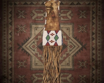 Native American Style Beaded Leather Pipe Bag | Fringed Buckskin Tobacco Pouch | Handcrafted Western Decor | Tribal Geometric Beadwork