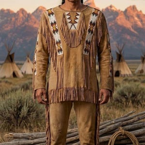 May include: A tan suede pullover shirt and matching pants featuring long fringe detailing along the sleeves, chest, and legs. The garment is decorated with white beaded panels on the shoulders and chest, showcasing geometric patterns in black, red, and yellow.