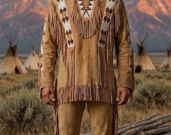 Men's Native American Style Beaded Buckskin Shirt Pants Set | Fringe Suede War Shirt | Mountain Man Western Powwow Regalia Costume