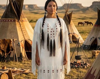 Native American Style Buckskin Leather Dress with Long Fringe & Beaded - White Leather Powwow Dress - Women's Fringed Buckskin Gown