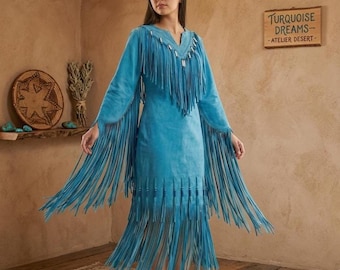 Turquoise Buckskin Dress | Western Long Fringe Dress | Western Buckskin Dress | Blue Suede Fringe Dress | Boho Dress