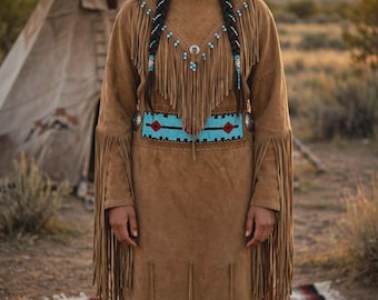 Women’s Tan Suede Fringe Dress | Powwow Regalia Dress | Long Fringe Dress | Native Style Dress | Boho Festival Dress