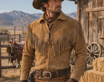 Men's Suede Fringe Shirt | Buckskin Fringe Jacket Men | Western Fringe Jacket | Cowboy Buckskin Jacket | Mountain Man Fringe Jacket