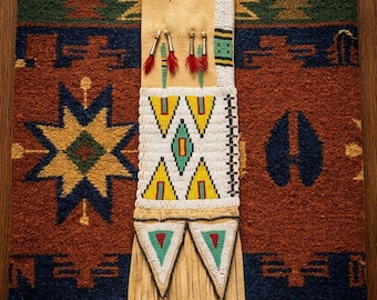 Handmade Beaded Leather Tobacco Pouch, Native American Inspired Suede Pipe Bag with Fringe