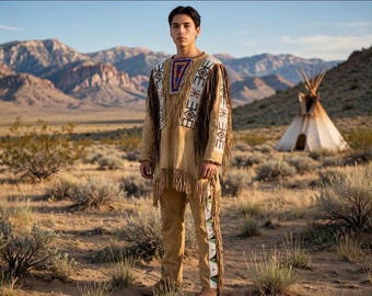 Men’s Western Leather Outfit, Beaded Cowboy Fringe Jacket, Native Inspired Western Clothing, Rodeo Costume, Handmade Leather Outfit
