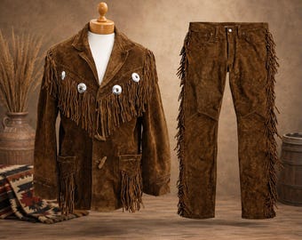Men Western Fringe Jacket Set | Brown Suede Fringe Jacket | Western Fringe Suit | Cowboy Fringe Jacket And Pants | Western Suit
