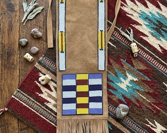 Beaded Pipe Bag | Native Inspired Ceremonial Pouch | Leather Medicine Bag | Handmade Beaded Tobacco Pouch