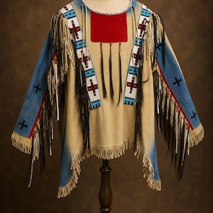 May include: A tan suede shirt featuring long fringe along the sleeves and hem, blue panels on the sleeves with black cross symbols, a red chest patch, and beaded shoulder strips with red and blue geometric patterns and hanging black feathers.