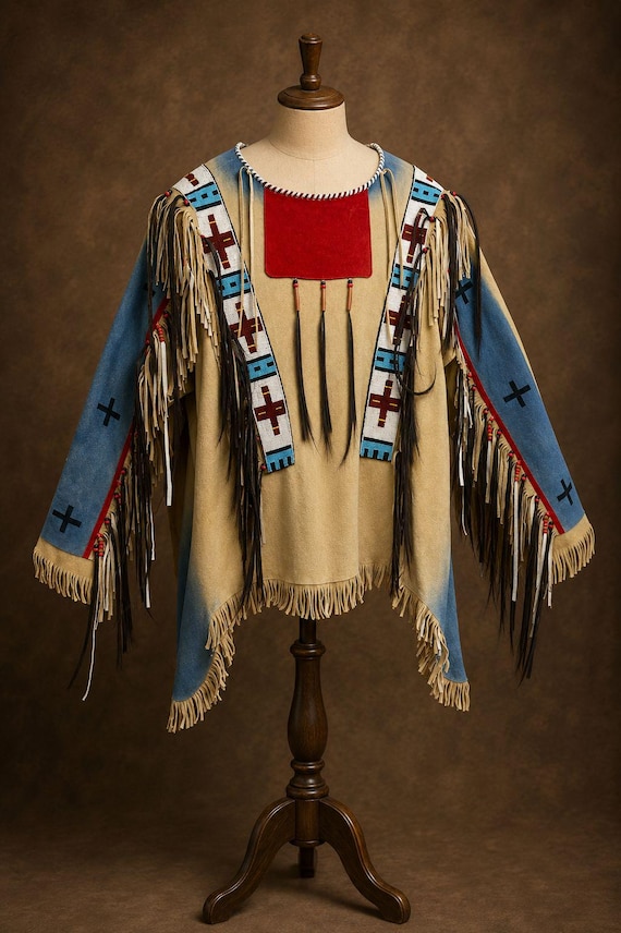 Men’s Handmade Buckskin War Shirt | Beaded Leather Fringe Shirt | Plains Style Leather Tunic | Custom Leather Shirt