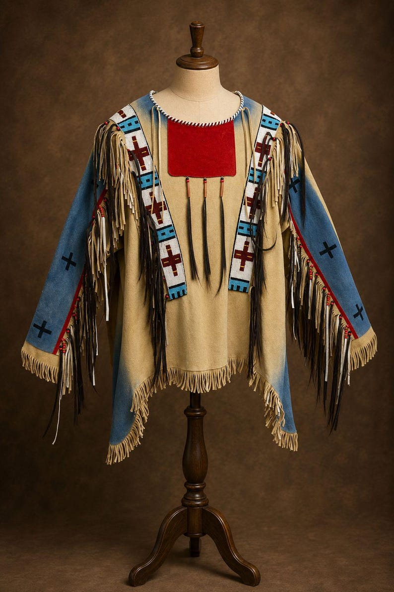 May include: A tan suede shirt featuring long fringe along the sleeves and hem, blue panels on the sleeves with black cross symbols, a red chest patch, and beaded shoulder strips with red and blue geometric patterns and hanging black feathers.