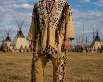 Handmade Beaded Buckskin Fringe Regalia Set | Men's Plains Style Powwow Outfit | Western Ceremonial Clothing | Custom Sizes Available