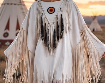 Women White Fringe Native Inspired Dress | Boho Festival Fringe Dress | Western Leather Look | Handmade Powwow Style Outfit | Wedding Dress