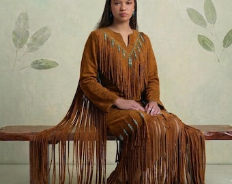 Women's Fringe Leather Powwow Dress, Native Inspired Fringe Dress, Beaded Leather Dress, Boho Festival Outfit