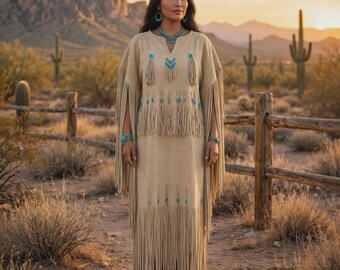 Beige Buckskin Fringe Dress Women - Native Fringe Dress - Womens Western Fringe Dress - Turquoise Beaded Fringe Dress - Boho Fringe Dress