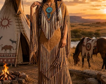 Women’s Suede Fringe Dress, Native Inspired Beaded Leather Dress, Western Boho Outfit, Long Fringe Festival Dress