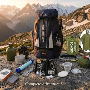 Könnte beinhalten: Ein komplettes Abenteuer-Set mit einem großen blau-schwarzen Wanderrucksack, einem olivgrünen Notfall-Poncho, einer Feldflasche, einem Wasserfilter, einer Solar-Powerbank, einer Stirnlampe, einer Erste-Hilfe-Tasche und diversen Überlebenswerkzeugen auf einem Fels.