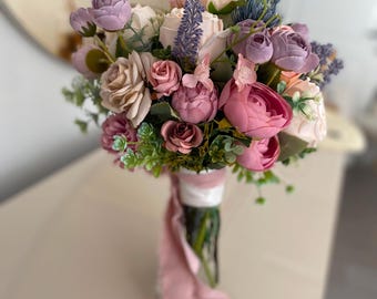 Elegant Bridal Bouquet, Artificial Wedding Flowers, Handmade Garden Style Bouquet, White Ribbon Bow, Bridesmaid Corsage & Boutonniere
