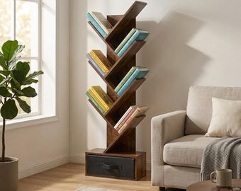 43in Tree Bookshelf Wooden Corner Book Rack 7 Tier Storage Shelf with Drawer