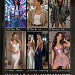 Może przedstawiać: Cyfrowa okładka książki zatytułowana THE GEN Z AESTHETIC PROMPT BOOK zawierająca sześć paneli fotograficznych ze stylami mody. Tekst zawiera 100 HIGH-FASHION IMAGE PROMPTS FOR MIDJOURNEY & DALL-E, 10 FASHION ARCHETYPES READY TO USE oraz etykiety.